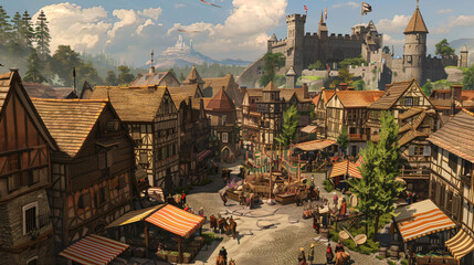 A medieval town with a bustling marketplace and a towe - obrazy, fototapety, plakaty