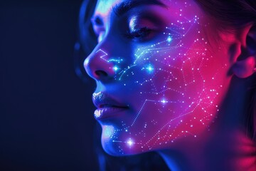 Futuristic Cyberpunk Woman with Neon Face Paint and Digital Projection Mapping - AI generated