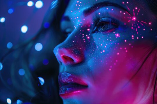 Futuristic Cyberpunk Woman with Neon Face Paint and Digital Projection Mapping - AI generated