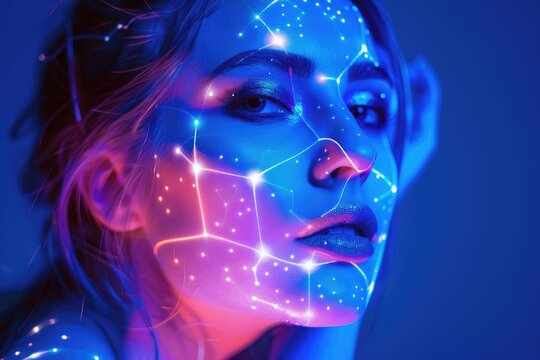 Futuristic Cyberpunk Woman with Neon Face Paint and Digital Projection Mapping - AI generated