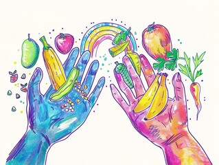 A drawing showing two hands stretching out towards assorted fruits and vegetables - obrazy, fototapety, plakaty