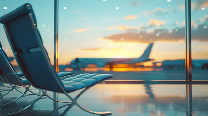 Interior of an airport, waiting room with seats for passengers and tourists before flying. Airport runway with an airplane, blurred background. Airport terminal. Vacation and travel concept. - obrazy, fototapety, plakaty