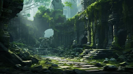 Zelfklevend Fotobehang A mystical forest with ancient ruins and hidden treasure © Little