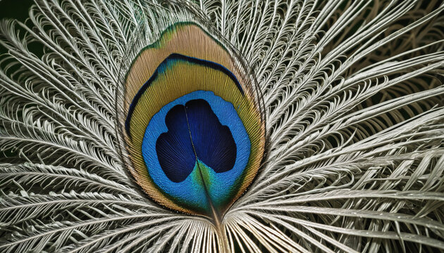 close-up of the intricate patterns of a peacock feather, detailed and realistic colourful background