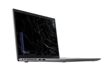 laptop with a broken, cracked screen isolated on white background close up side view