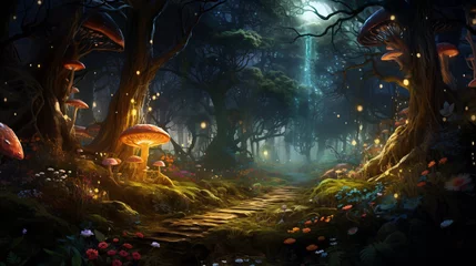  A mystical forest with ancient trees and glowing mushr © Little