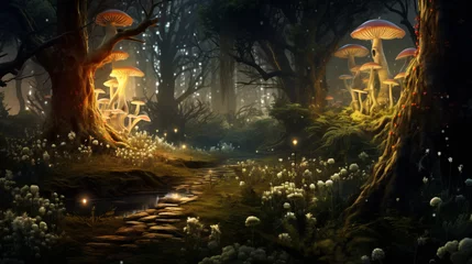 Tuinposter A mystical forest with ancient trees and glowing mushr © Little
