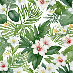 Watercolor of Tropical spring floral green leaves and flowers isolated on transparent background, bouquets greeting or wedding card decoration colourful background