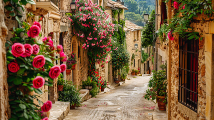 Fototapeta na wymiar A picturesque village street, evoking the charm of Mediterranean architecture and the timeless beauty of historic towns