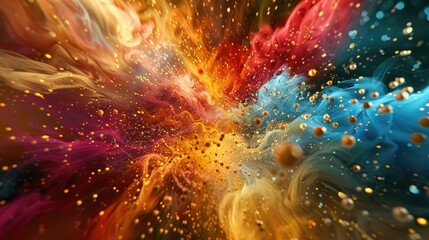 A dynamic explosion of colorful digital particles creating a lively and energetic abstract composition