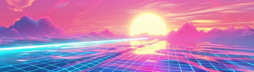 A retro-futuristic vaporwave aesthetic with sunsets grids