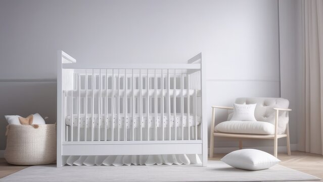 a baby room with a white armchair and a cradle. Interior of a modern children's room for a baby. generative ai