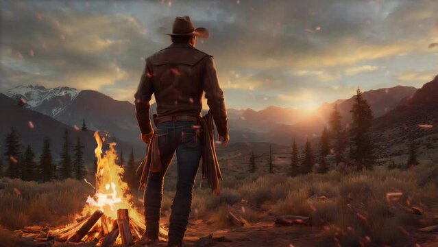 A cowboy with bonfire at sunset. Seamless looping time-lapse 4k video animation background