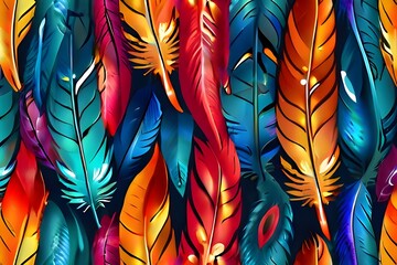 Seamless pattern of bright color feathers on hanging wall illustration background. Photo of mural feather abstraction wallpaper for the living room. Multicolor feathers fall on the Generative AI