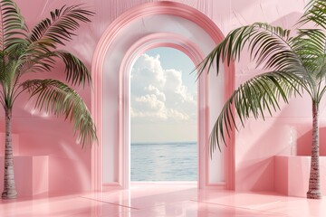 a pink room with a pink arch and palm trees