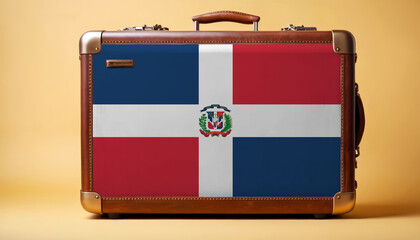 Dominican Republic flag on old vintage leather suitcase with national concept. Retro brown luggage with copy space text.