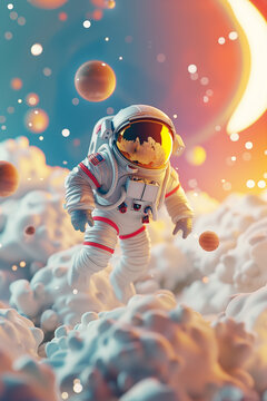 3D render of a spaceman, astronaut on a planet, stars and moon around, poster, banner postcard design