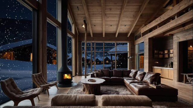 A cozy winter cottage having chimney place with a beautiful window view of the snow fall.