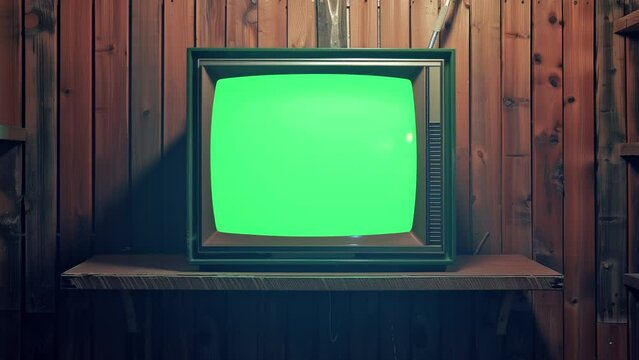 Close Up Footage of a Dated TV Set with Green Screen Mock Up Chroma Key Template Display. Nostalgic Retro Nineties Technology Concept.