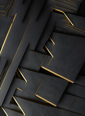 Abstract geometric shapes in bright dark colors, 3D effects, gold, brass, dynamic trendy modern design as background, texture materials for technical packaging design, conceptual wall design,	
