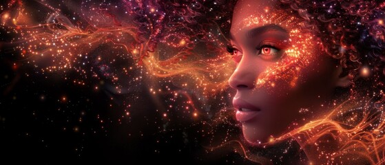  A vivid digital artwork featuring a female face, radiant hair, and shimmering celestial bodies on a dark backdrop - obrazy, fototapety, plakaty