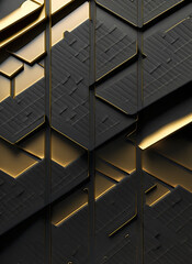 Abstract geometric shapes in bright dark colors, 3D effects, gold, brass, dynamic trendy modern design as background, texture materials for technical packaging design, conceptual wall design,	
