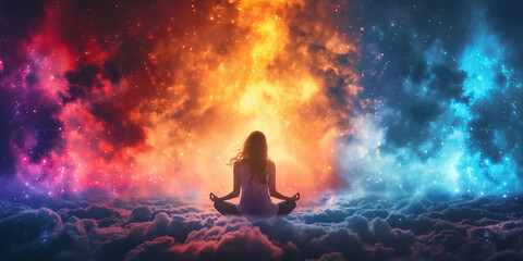girl in lotus position meditates in cloud in sky. Back of woman on a magic fantastic background - obrazy, fototapety, plakaty