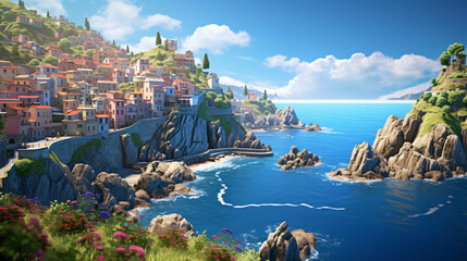 A picturesque coastal village nestled between cliffs - obrazy, fototapety, plakaty
