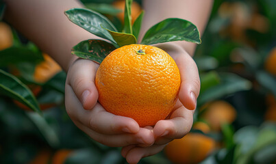 Childs hands holding an orange
