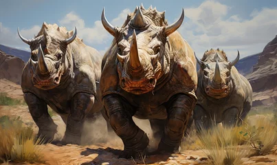  Three Rhinos Running in Desert © uhdenis