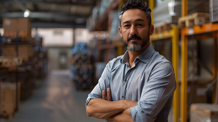 Obraz premium A man standing confidently with his arms crossed in a warehouse.