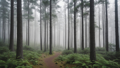 Misty pine forest background colourful background