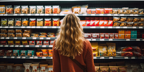 A young blonde woman shopping food product in the shopping centre - obrazy, fototapety, plakaty