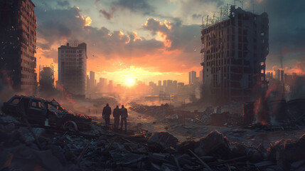 A postpocalyptic cityscape with ruined buildings and