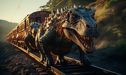 Dinosaurs Riding on Top of Train