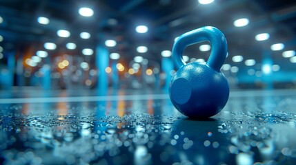 Close-up of blue kettlebell in modern gym with ambient lighting - obrazy, fototapety, plakaty
