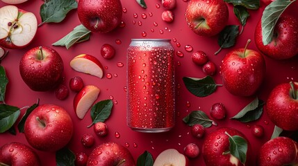 Fresh apple juice in a can with water droplets and whole apples