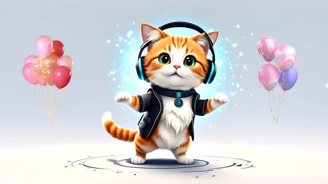 Cat dancing with balloons. Seamless looping time-lapse 4k video animation background