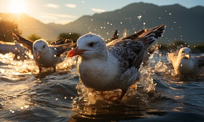 Group of Seagulls Splashing in Water - obrazy, fototapety, plakaty