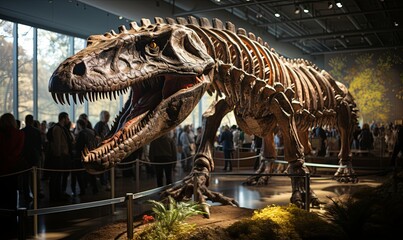 Dinosaur Skeleton Exhibit in Crowded Museum