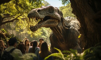 Group of People Standing in Front of Dinosaur