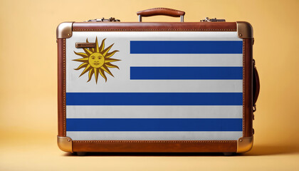 Fototapeta premium Uruguay flag on old vintage leather suitcase with national concept. Retro brown luggage with copy space text.