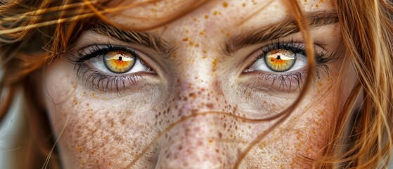  A portrait of a woman with numerous freckles covering her face and eyes in detail
