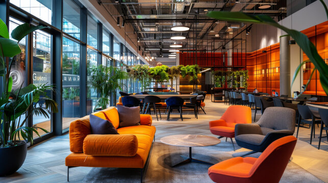 Stylish and modern corporate lounge with vibrant furniture, green plants, and a spacious layout for informal meetings and relaxation.