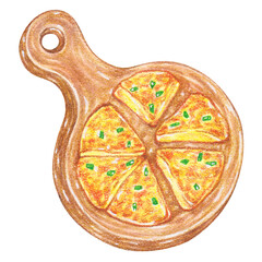 spanish tortilla color pencil drawing style, egg dishes from around the world