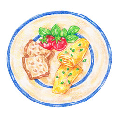 french omelette color pencil drawing style, egg dishes from around the world