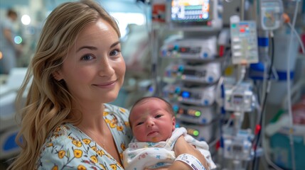 Young blonde nurse caring for a patient in a hospital