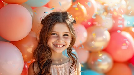 Naklejka premium Young girl celebrating with colorful balloons and confetti