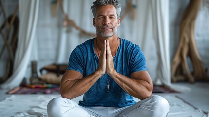 Mature man practicing yoga in a serene indoor space