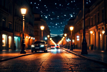 Fototapeta na wymiar Abstract bokeh background of night street with car and street lamps. City life, defocused lights from cityscape, style color tone. Concept of abstract stylish urban backgrounds for design. Copy space